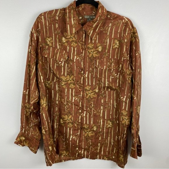 Silk Icon Brown Silk Bamboo Novelty Print Button Down Shirt Medium - Picture 2 of 10